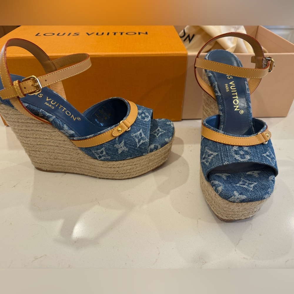 Louis Vuitton Tan and Blue Wedge Sandals